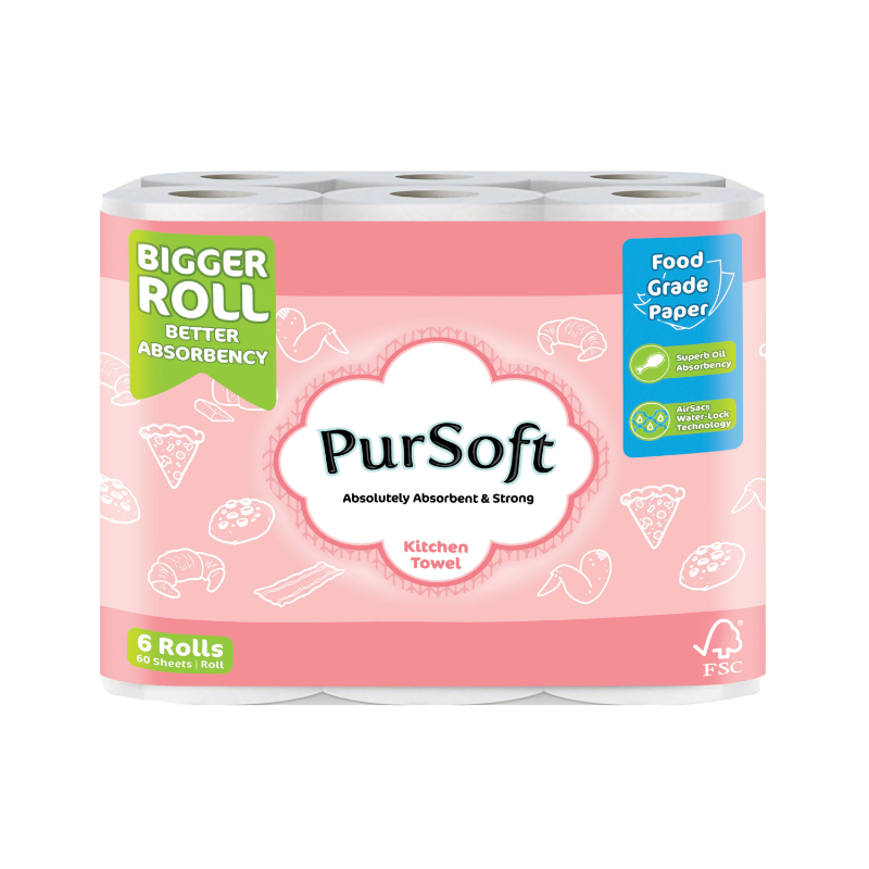 PURSOFT Food-Safe 2-Ply Kitchen Paper Towel Roll 6 Rolls x