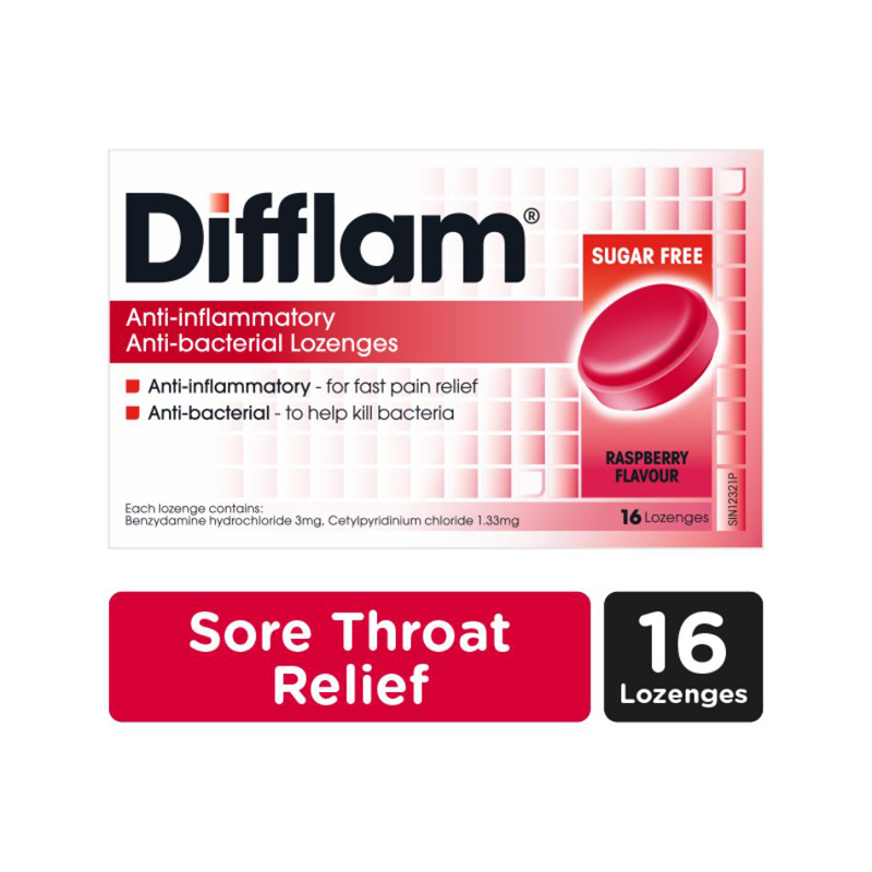 Difflam Sugar Free Anti-Inflammatory Anti-Bacterial Raspberry Lozenges 16s
