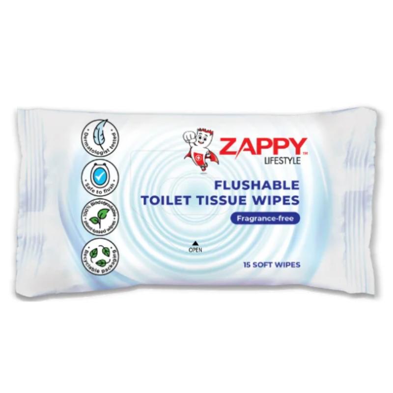 Zappy Fragrance Free Flushable Toilet Wipes 15 Sheets