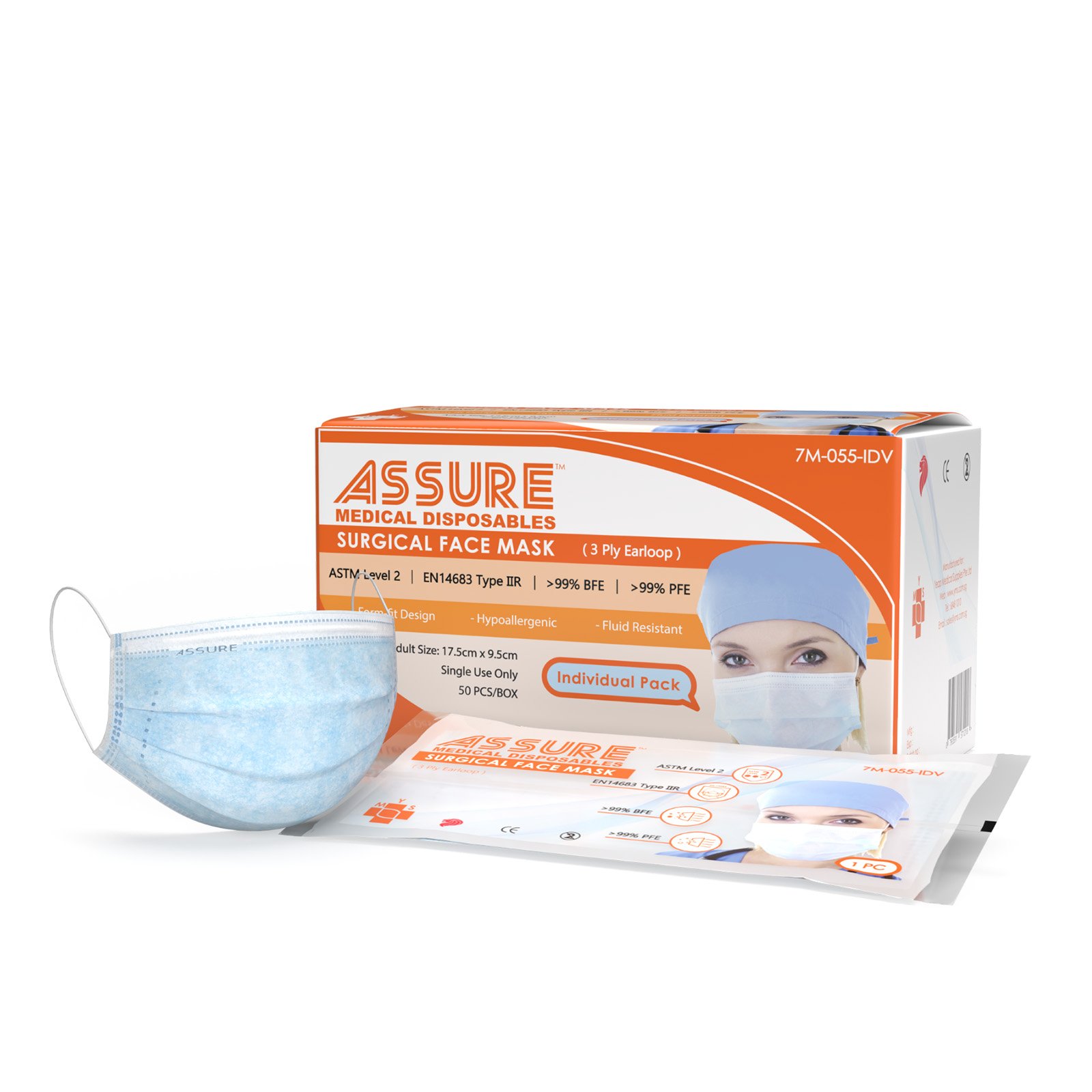 Assure 3Ply Surgical Mask Individual 50each