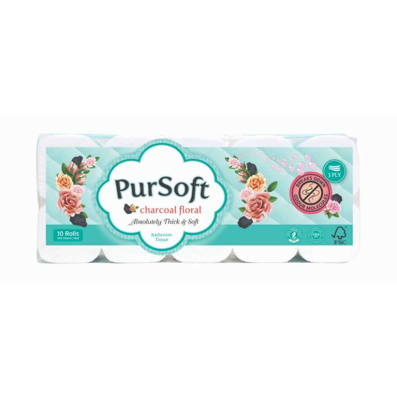 PURSOFT Charcoal Floral 3-Ply Toilet Paper 10 Rolls x