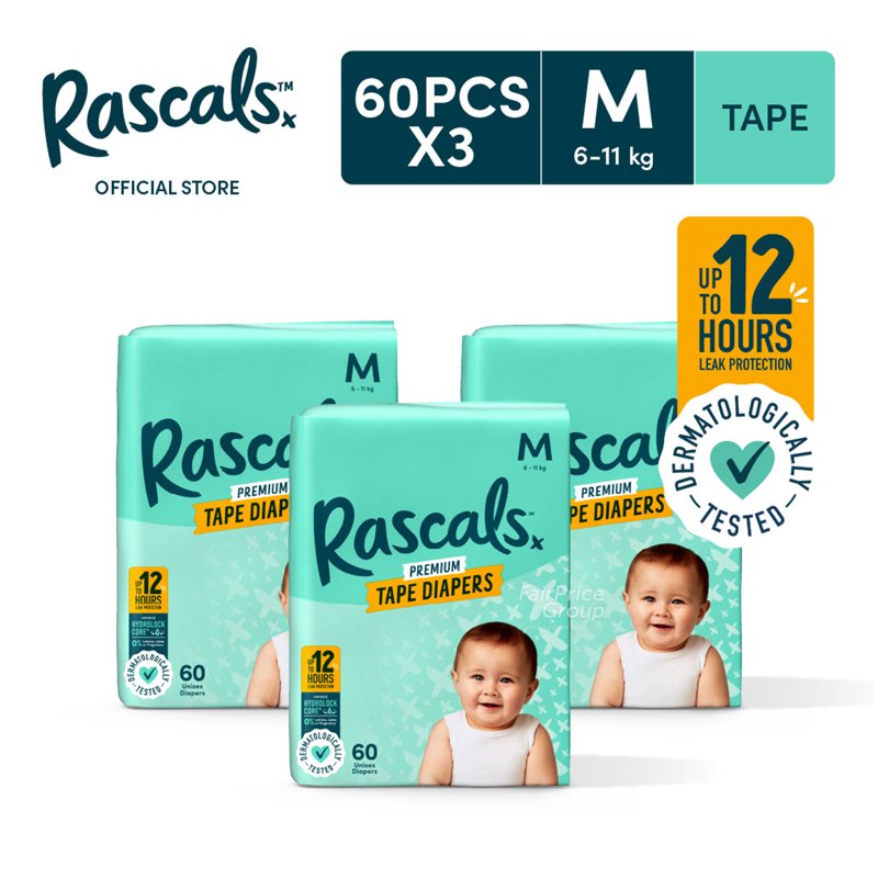 Rascals Premium Tape Diapers - M 3 x 60 per pack (CTN)
