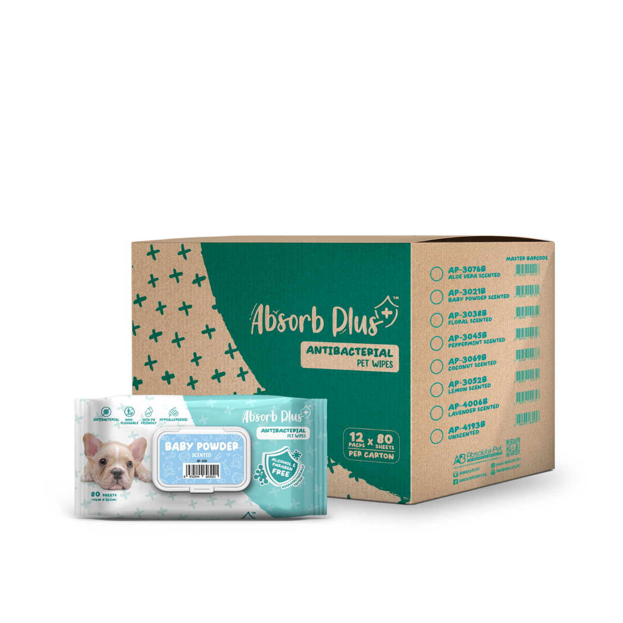 Absorb Plus Antibacterial Pet Wipes - Baby Powder 12 x 80 S