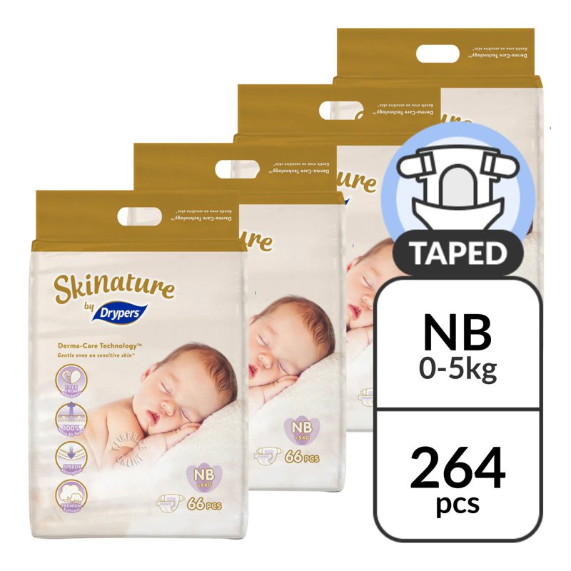 Drypers Skinature Diapers - New Born (0-5kg) 4 x 66 per pack (CTN)