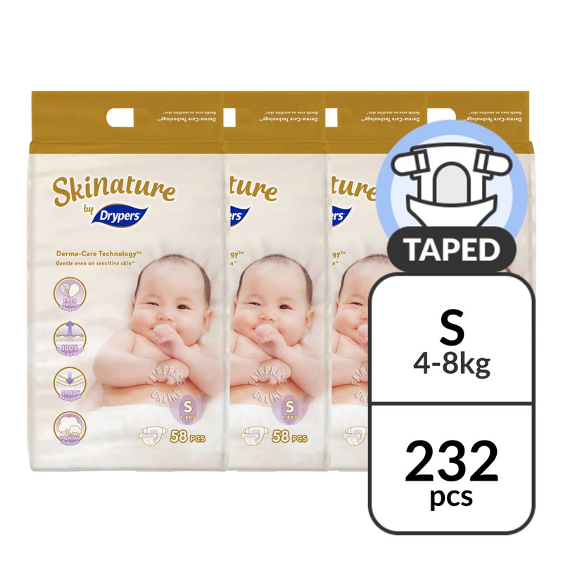 Drypers Skinature Diapers - S (4 -8kg) 4 x 58 per pack (CTN)