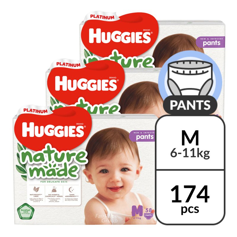Huggies Platinum Nature Made Pants - M (6- ) 3 x 58 per pack (Ctn)