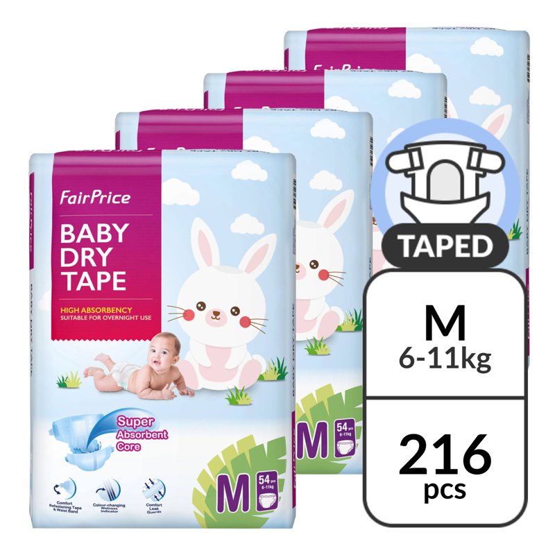 Fairprice Baby Extra Dry Skin Taped Diapers - M 4 x 54 per pack