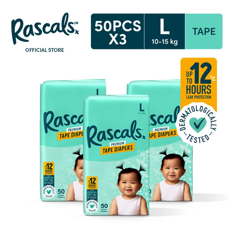 Rascals Premium Tape Diapers - L 3 x 50 per pack (CTN)