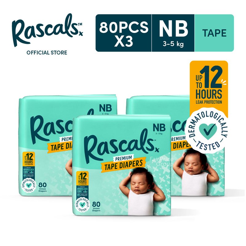 Rascals Premium Tape Diapers - NB 3 x 80 per pack (CTN)
