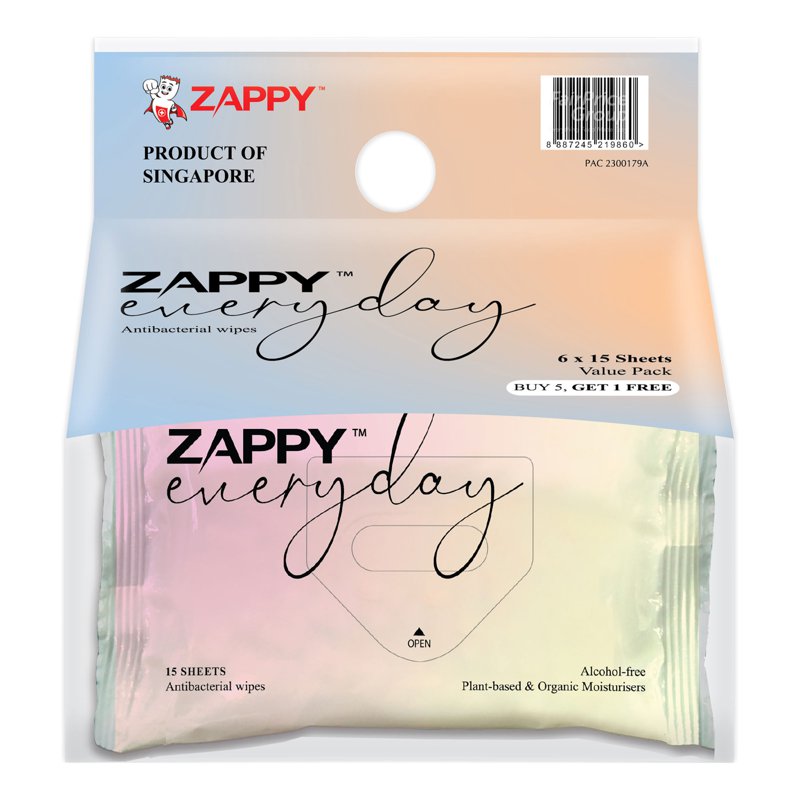 Zappy Alcohol Free Everyday Wipes 6 x 15 per pack