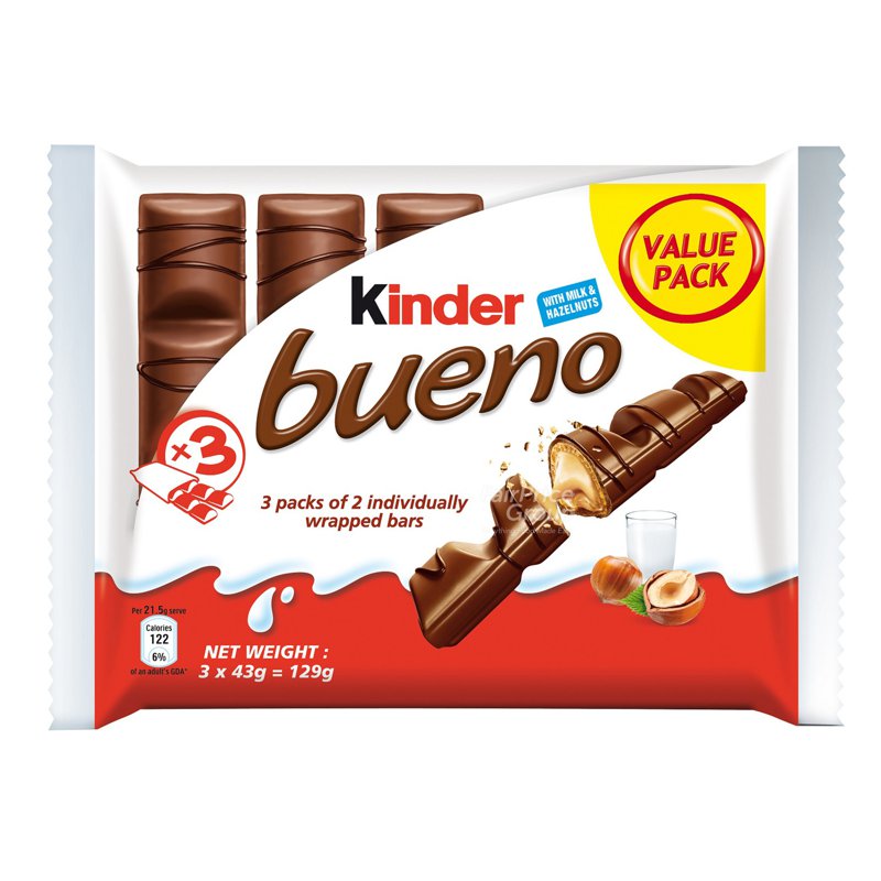 Kinder Bueno Chocolate Wafer Bar - Milk T2x3 Flowpack 3 x 43g