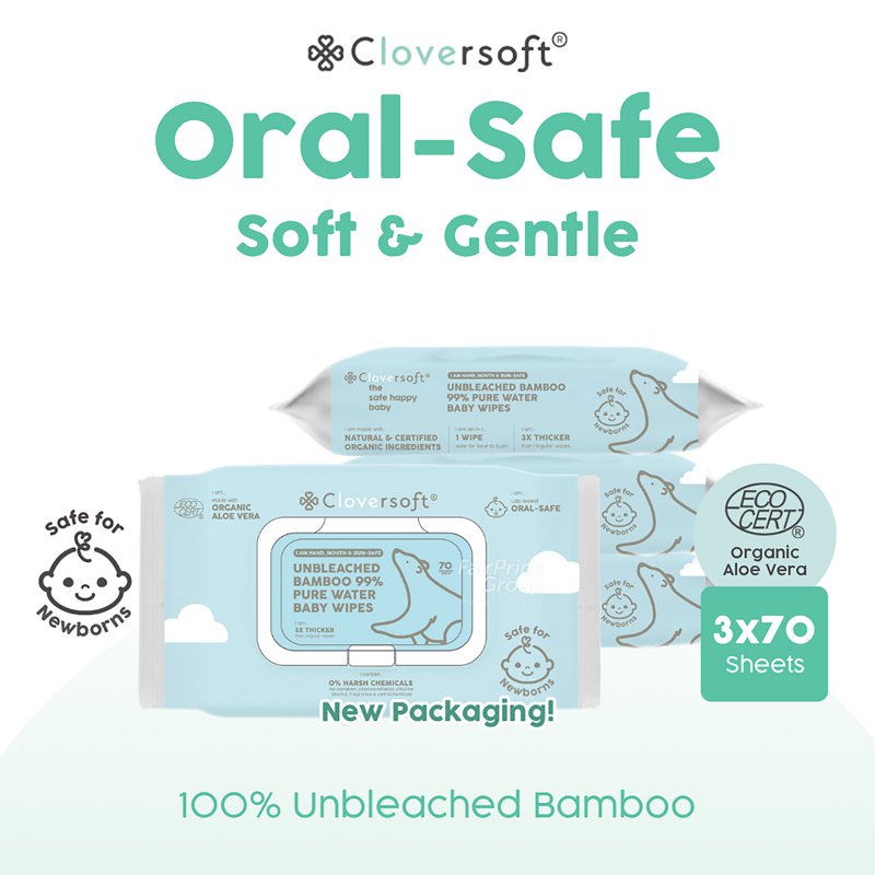 Cloversoft Unbleached Bamboo Organic Pure Water Baby Wipes 3 x 70 per pack