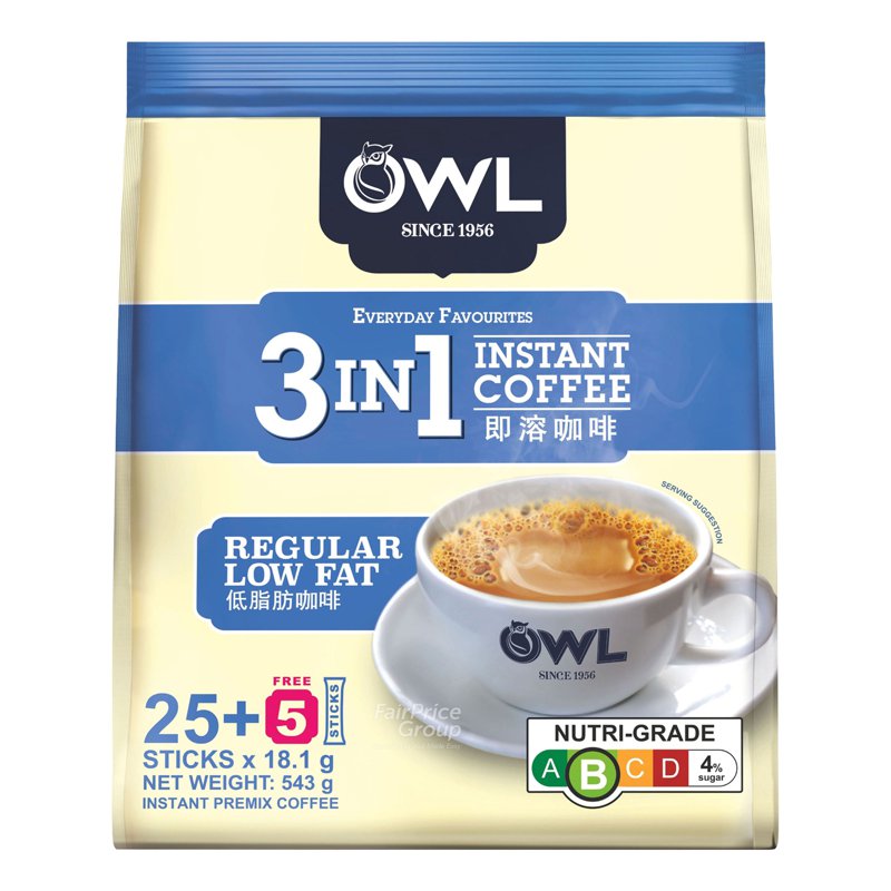 Owl 3 in 1 Instant Coffee - Regular Low Fat 25 + free