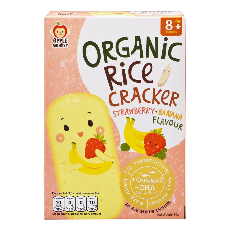 Apple Monkey Organic Rice Cracker - Strawberry + Banana 10 x 3g