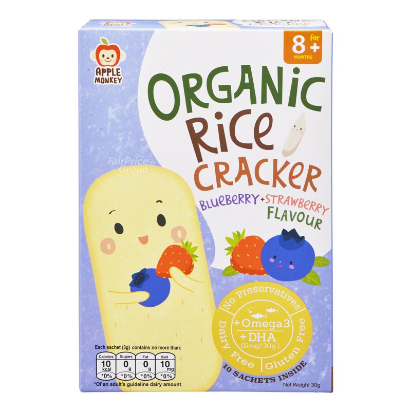 Applem Apple Monkey Organic Rice Cracker - Blueberry + Strawberry