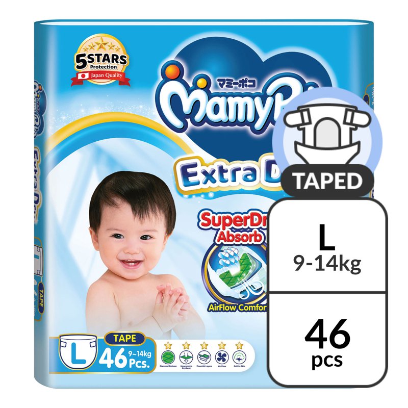 MamyPoko Extra Dry Tape Diapers - L (9 - ) 46 per pack