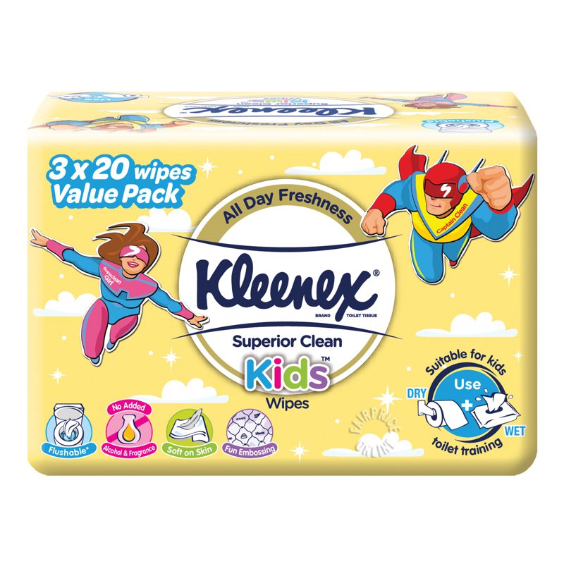 Kleenex Wet Toilet Tissue Flushable Wipes - Kids Superior Clean 3 x 20 per pack