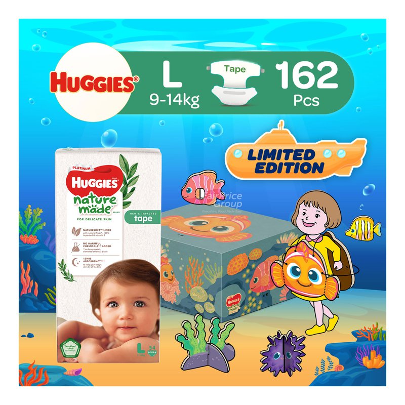 Huggies Baby Platinum Naturemade Tape Diapers-L(9- )+Playbox 3 x 54 per pack (Ctn)