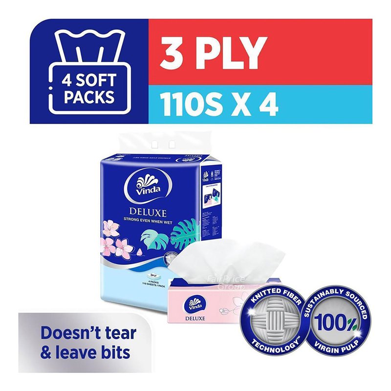 Vinda Deluxe 3 Ply Facial Tissue Softpack 4 per pack