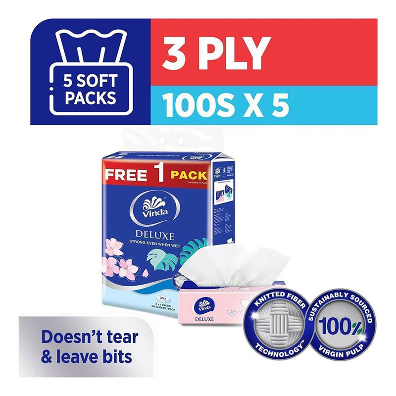 Vinda Deluxe 3 Ply Softpack Tissue 5 x 100 per pack