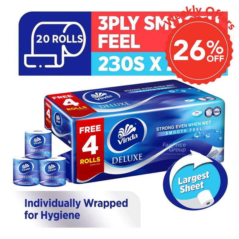 Vinda Deluxe Smooth Feel Toilet Tissue - 3 Ply 20 x 230 per pack