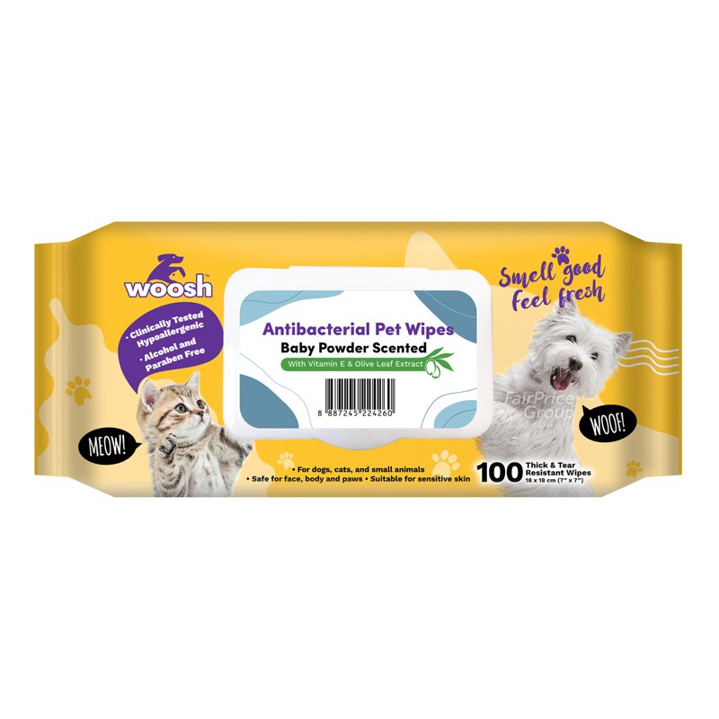 Woosh Antibacterial Pet Wipes - Baby Powder Scented 100 per pack