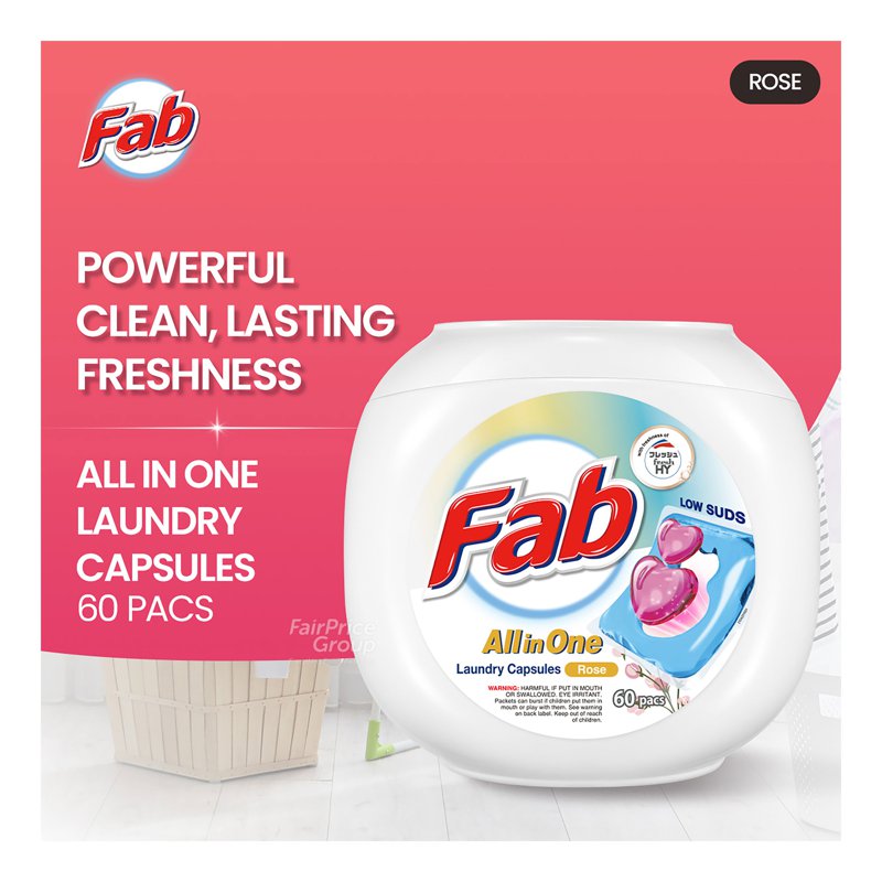 Fab All in One Low Suds Laundry Capsules - Rose 60 per pack