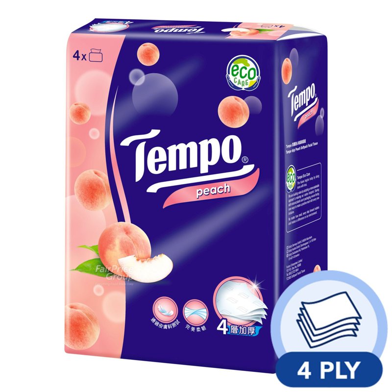 Tempo 4ply Soft Pack Facial Tissue - Peach 4 x 90 per pack