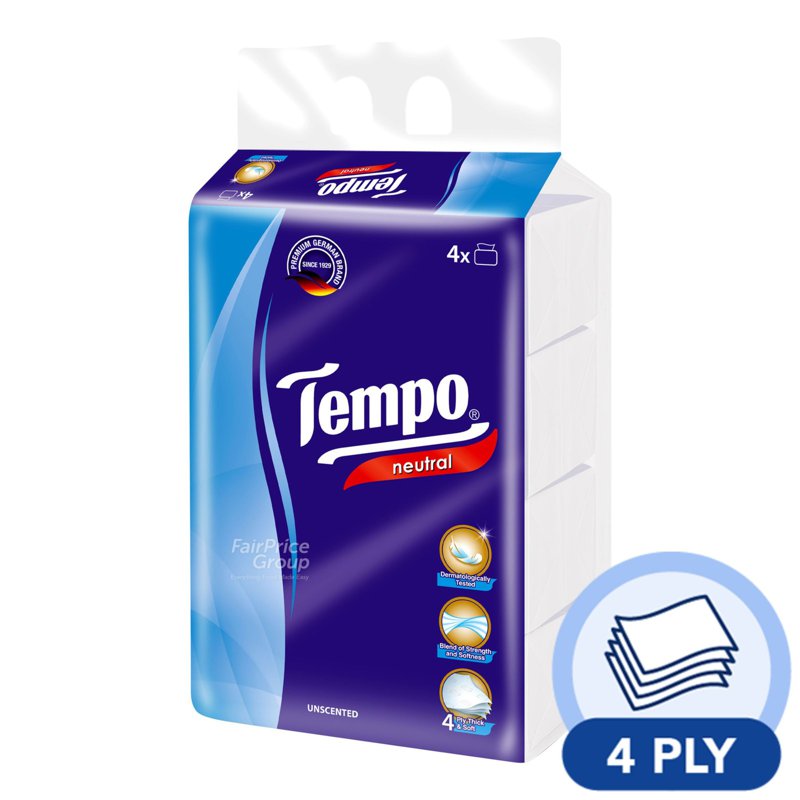 Tempo Softpack Facial Tissue - Neutral (4ply) 4 x 90 per pack