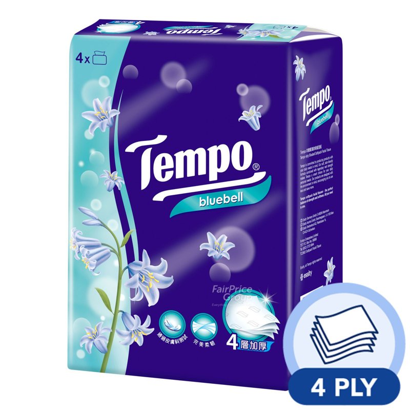 Tempo Bluebell Soft Pack Facial Tissue (4ply) 4 x 90 per pack