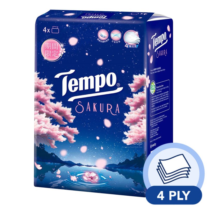 Tempo Softpack Facial Tissue - Sakura (4ply) 4 x 90 per pack
