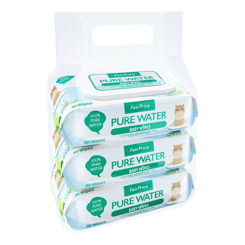FairPrice Baby Wipes with Lid - 100% Pure Water 3 x 80 per pack
