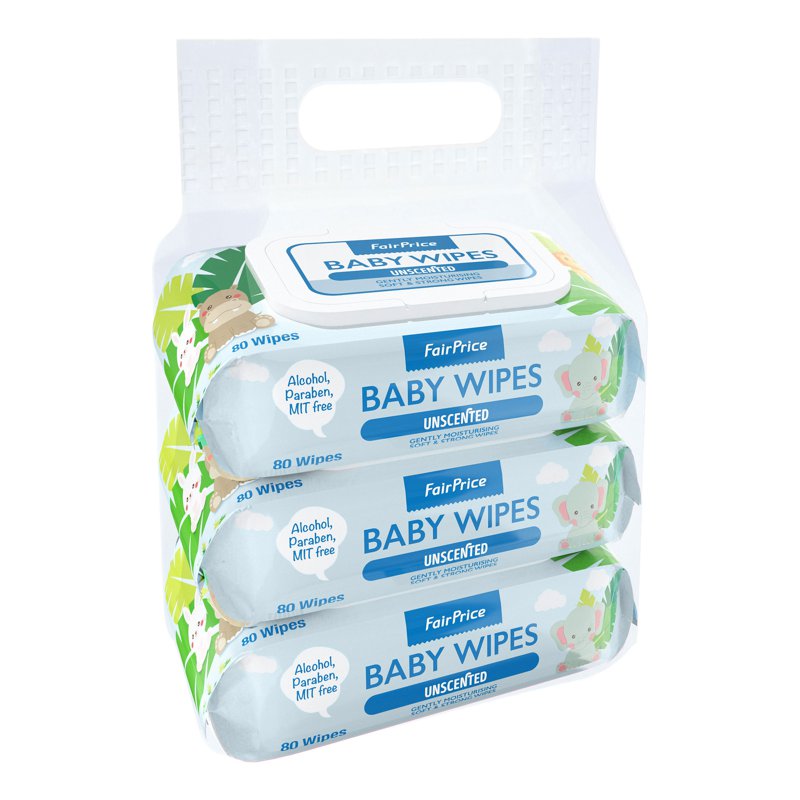 FairPrice Baby Wipes with Lid - Unscented 3 x 80 per pack