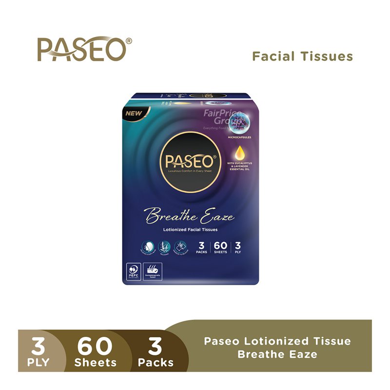 Paseo Breathe Eaze Lotionized Facial Tissue - 3ply 3 x 60 per pack