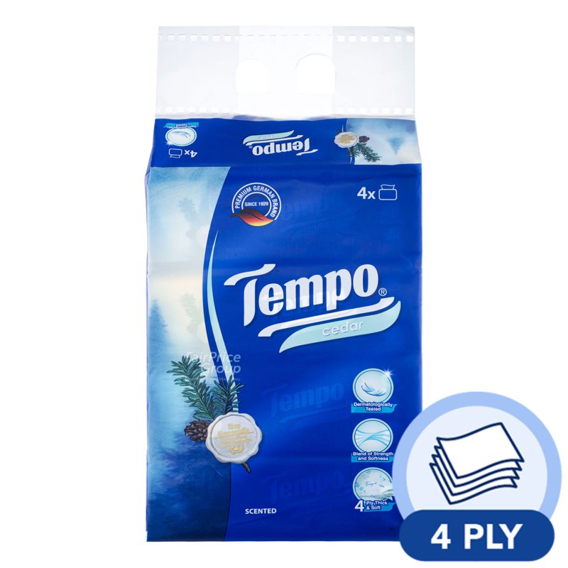Tempo Softpack Facial Tissue - Cedar (4ply) 4 x 90 per pack