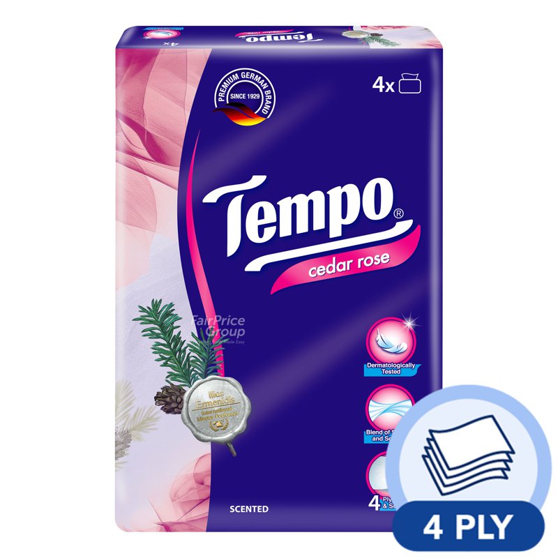 Tempo Soft Pack Facial Tissue - Cedar Rose (4ply) 4 x 90 per pack