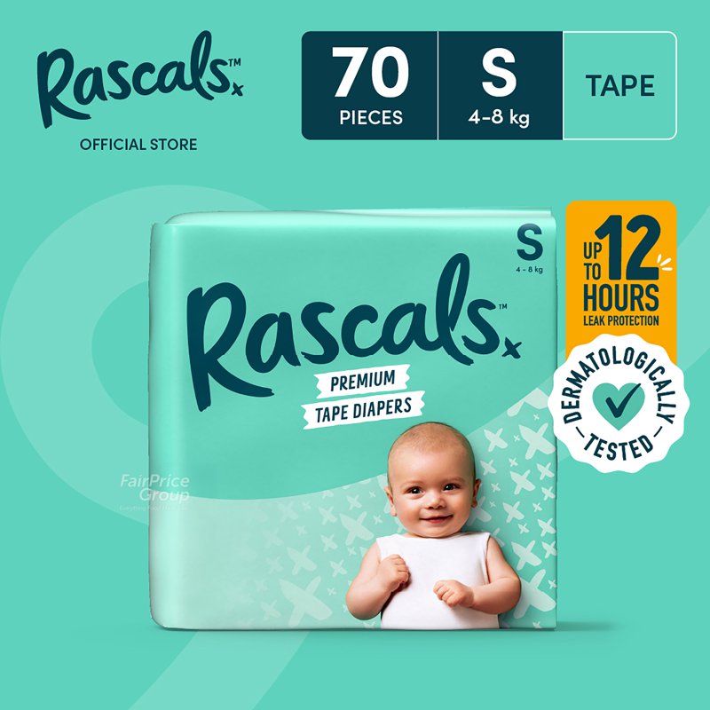 Rascals Premium Tape Diapers - S 70 per pack