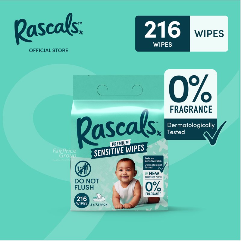 Rascals Sensitive Baby Wipes 3 x 72 per pack