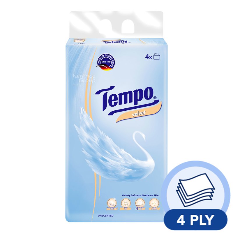 Tempo Softpack Facial Tissue - Velvet (4ply) 4 x 80 per pack