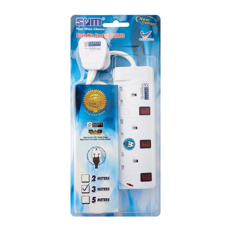 SUM 3 Outlets 3 Pin Extension Cord Portable Socket (3M) 1 S