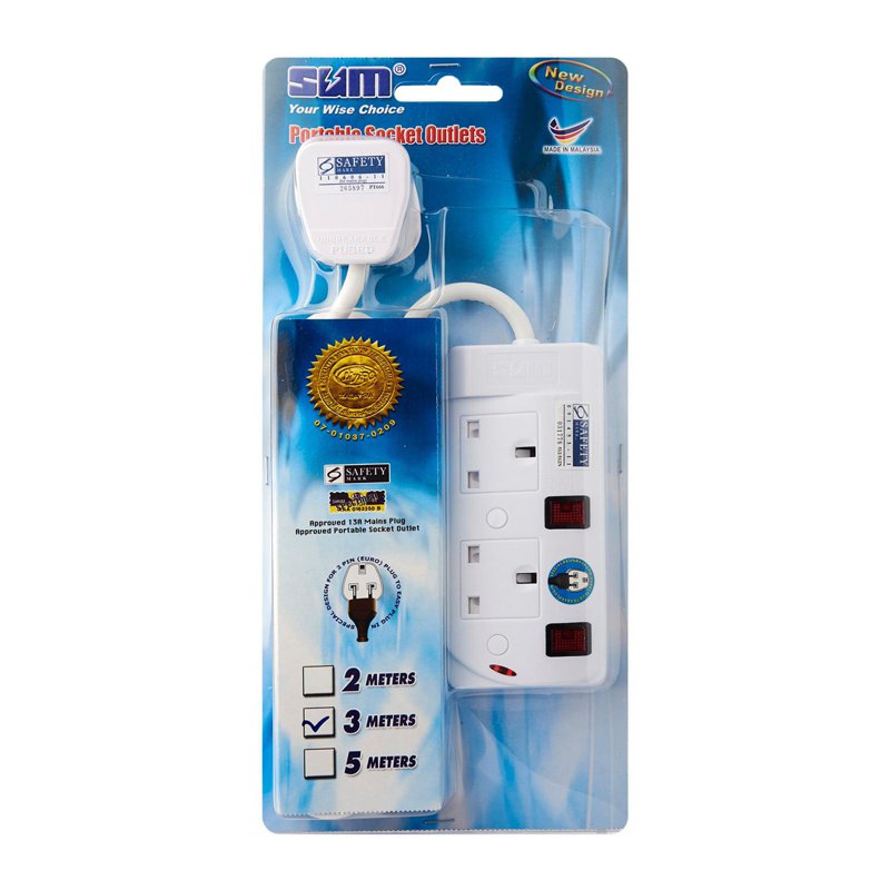 SUM 2 Outlets 3 Pin Extension Cord Portable Socket (3M) 1 S