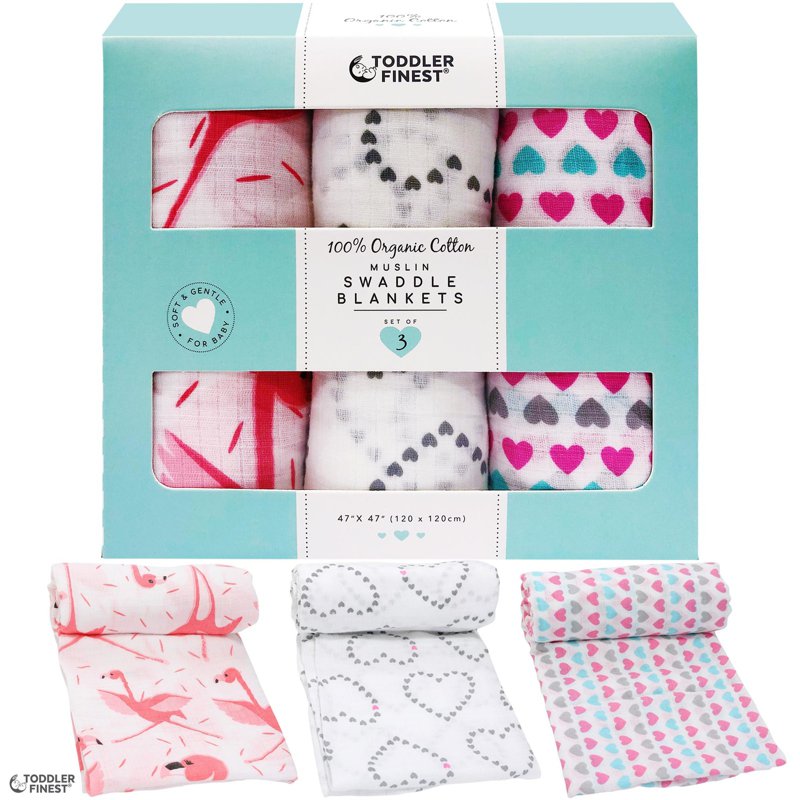 ToddlerFinest 3-Pack Cotton Muslin Baby Swaddle Blanket (G) 3 S