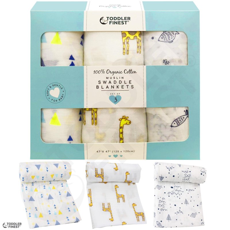 ToddlerFinest 3-Pack Cotton Muslin Baby Swaddle Blanket (B) 3 S