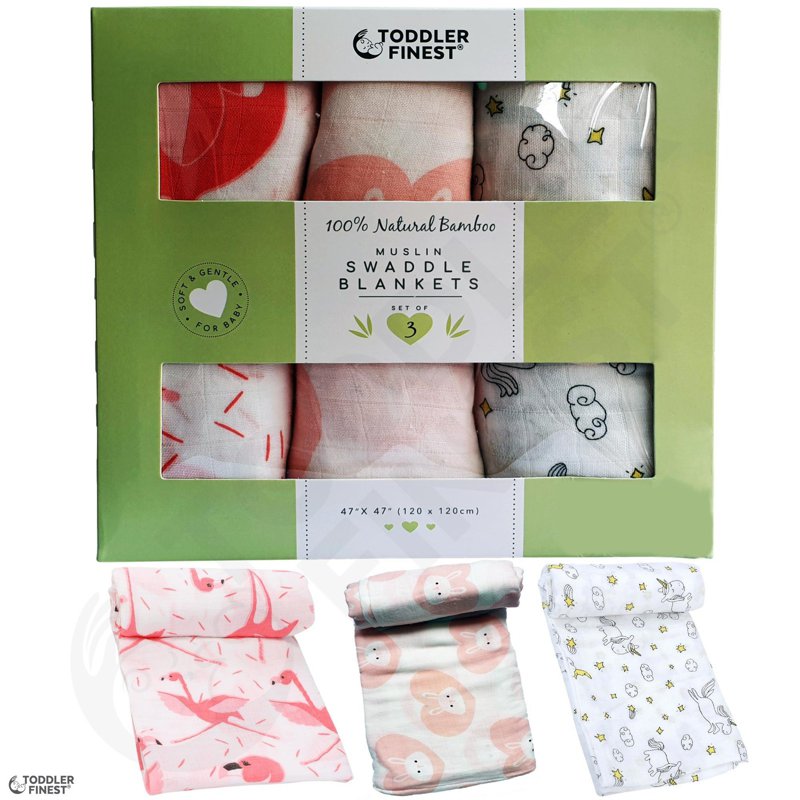 ToddlerFinest 3-Pack Bamboo Muslin Baby Swaddle Blanket (G) 3 S