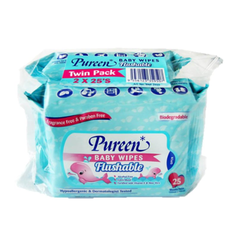 Pureen Baby Wipes 2X25's - Flushable 2 x 25 S