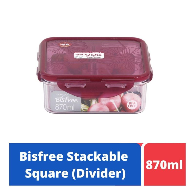 LOCK&LOCK Bisfree SQ Food Container with Divider 870ml - Red 1 S