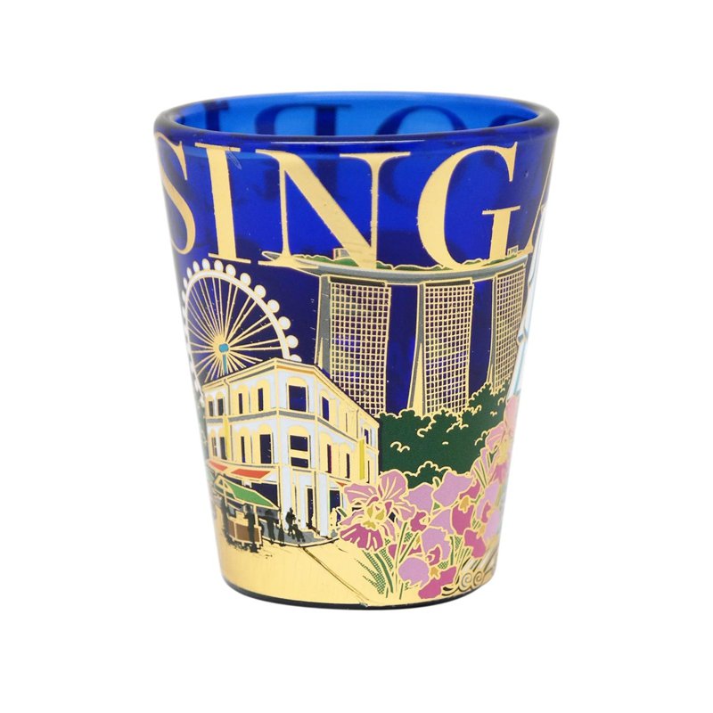 Ace Cobalt Blue Shot Glass with Gold Foil - Merlion & Trishaw