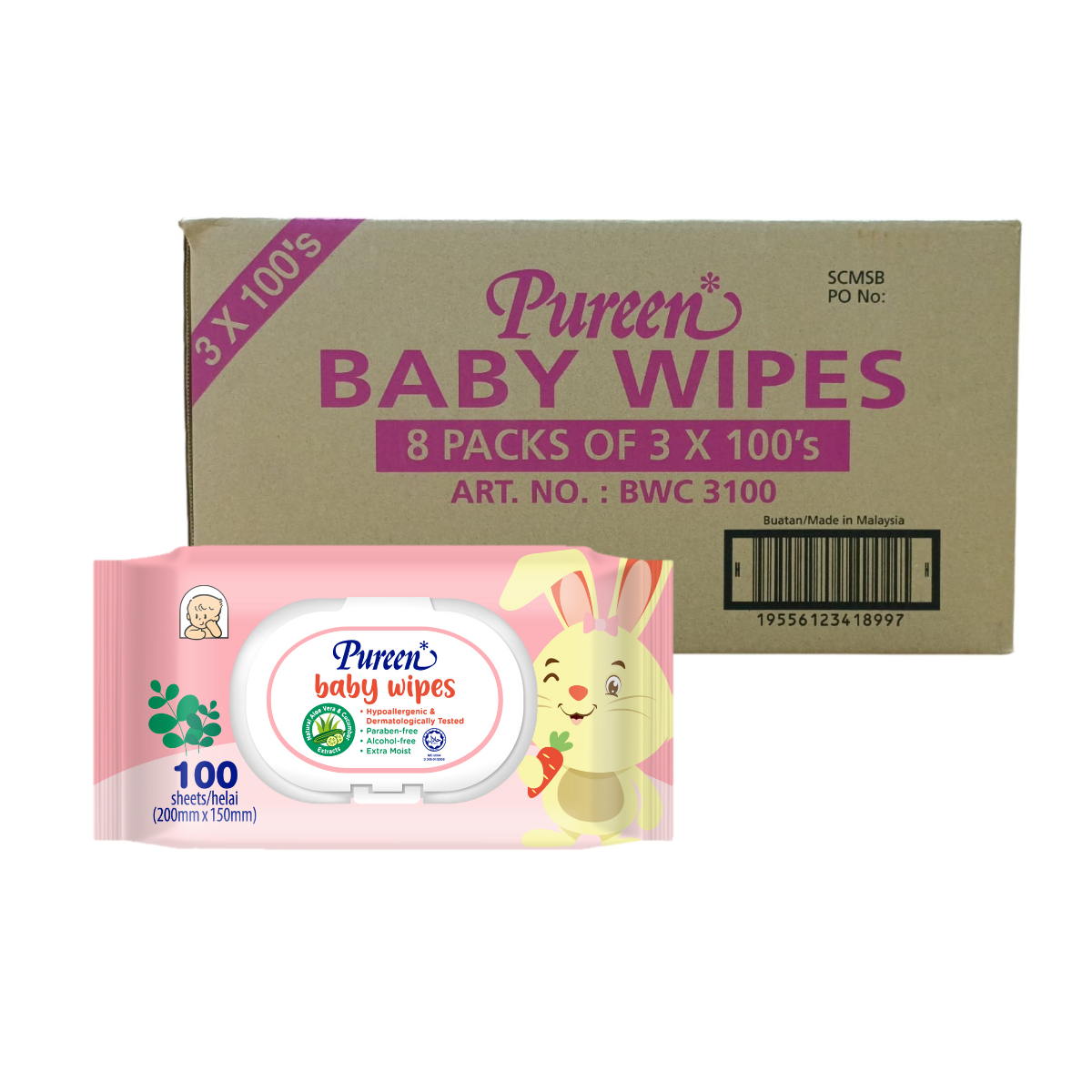 Pureen Baby Wipes - Natural Aloe Vera & Cucumber 24 x 100 S