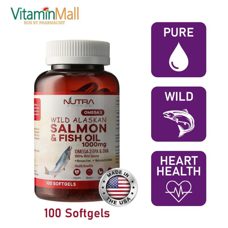 Nutra Botanics Wild Alaskan Omega 3 Salmon Fish Oil 1000mg 100 S