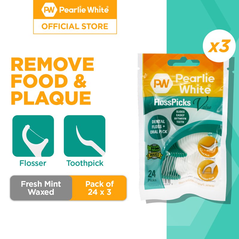 Pearlie White Flosspick Value 2-In-1 Waxed Mint Flosser 3 x 24 S